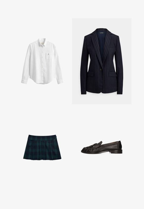 Marineblauwe blazer met één knoop, dunne witte krijtstrepen, steekrevers, twee klepzakken aan de voorkant en een borstzak met bies.; Witte blouse met lange mouwen, knopen, kraag en borstzak met een klein geborduurd logo op een effen achtergrond.; Geruite geplooide rok in donkergroen en marineblauw met een gladde tailleband en logodetail. Heeft een klassiek, gelaagd plooidesign.; Zwarte leren loafer met kwastdecoratie, lage hak en gestikte details langs de zijkanten, getoond in zijaanzicht op een witte achtergrond.