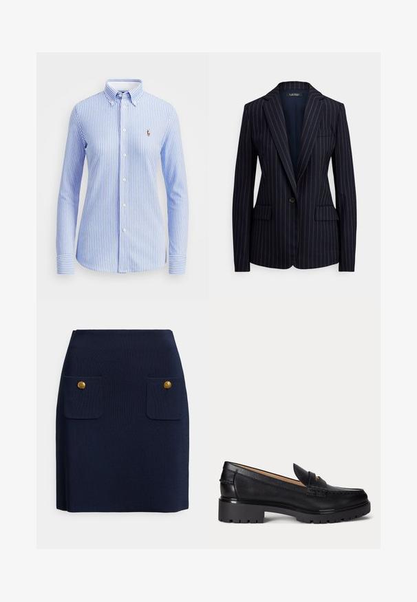 Blazer azul marino de un solo botón con finas rayas blancas, solapas con muesca, dos bolsillos delanteros con solapa y un bolsillo de ojal en el pecho.; Camisa de botones a rayas azul claro y blanca con cuello, mangas largas y un pequeño logo bordado en la parte izquierda del pecho.; Falda entallada azul marino con tela texturizada, dos bolsillos con solapa que presentan botones redondos dorados a cada lado a la altura de la cadera.; Mocasín de cuero negro con suela gruesa y con relieve, tacón bajo y tira decorativa en la parte delantera.