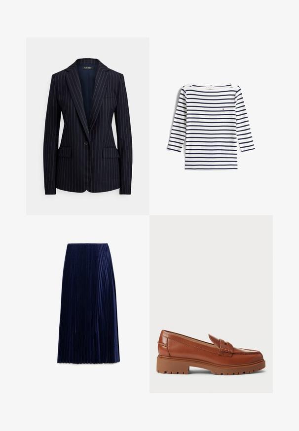Marineblauwe blazer met één knoop, dunne witte krijtstrepen, steekrevers, twee klepzakken aan de voorkant en een borstzak met bies.; Wit overhemd met lange mouwen met marineblauwe horizontale strepen en een klein rood, wit en blauw logo op de linkerborst.; Navy geplooide midi-jurk gemaakt van lichte stof met een zachte textuur, voorzien van gelijkmatig verdeelde verticale plooien en een elastische tailleband.; Bruine leren instappers met een moccasin teenontwerp, zichtbare stiksels en een chunky, gestructureerde rubberen zool. Accenten van goudkleurig beslag.