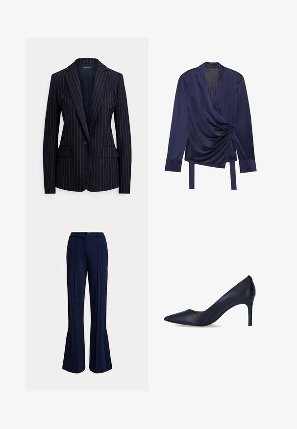Marineblauer Ein-Knopf-Blazer mit dünnen weißen Nadelstreifen, notched Revers, zwei vorderen Klappentaschen und einer Brustleistentasche.; Anna Field Langarmshirt - dark blue; Marineblaue Hosen mit weitem Bein, vorderen Falten, einem knöpfbaren Bund und Knopfdetails entlang der unteren äußeren Seiten der Beine.; Marineblaue Pumps aus glattem Leder mit spitzem Zehenbereich und schlankem Absatz. Einfaches Design ohne zusätzliche Verzierungen.