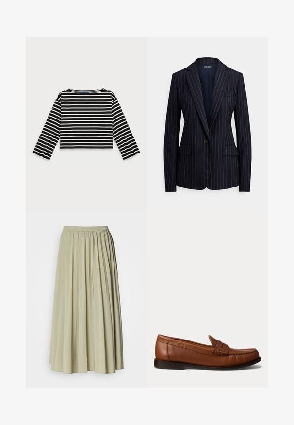 Marineblå blazer med enkelt knaplukning, tynde hvide nålestriber, hakknaprevers, to forlommer med klap og brystlomme med åbning.; Sorte og hvide stribede langærmede crop top med rund halsudskæring. Har blødt stof og et logo-patch på venstre ærme.; Plisseret lang nederdel i et blødt, lyst grønt stof. Har en elastisk talje og et flydende design med ensartede plisseringer over hele nederdelen.; Brun læderloafer med lav sort hæl, mok-tå-syning og en dekorativ rem over toppen, vist mod en hvid baggrund.
