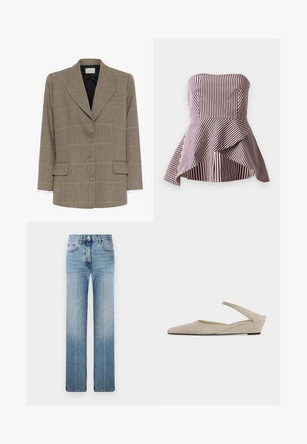 Brun og sort ternet blazer med brede revers, tre knapper foran, klaplommer og lange ærmer med synlige hvide skjortemanchetter.; Strapless peplum top i mørkerød og creme striber, med en tætsiddende skæring og en udvidet, lagdelt kant for ekstra tekstur.; Lysblå lige ben jeans lavet af denim, med subtil falmning, klassisk fem-lomme design og en metalknaplukning i taljen.; Beige lav kilehæl slingback sko med spids tå og glat mat finish, vist i sideprofil på hvid baggrund.