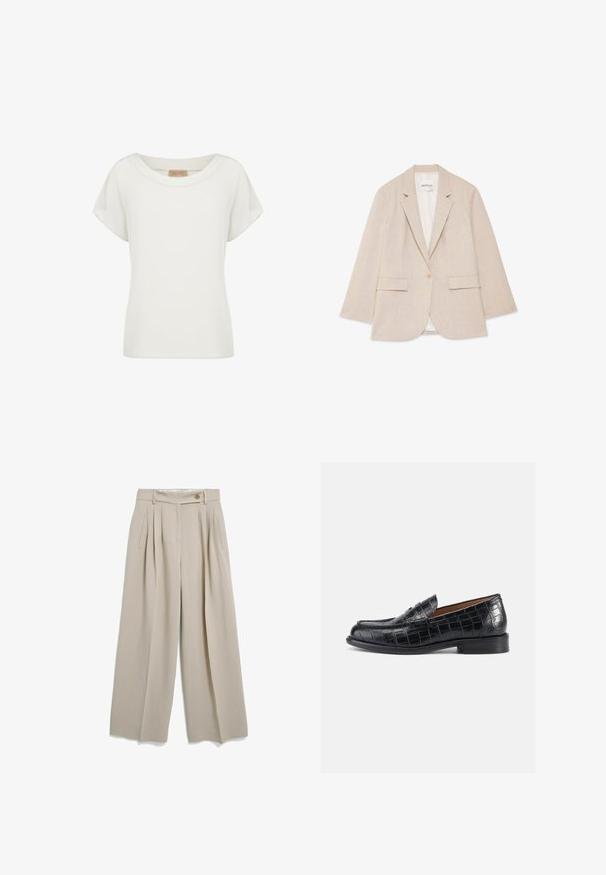 Beiger Blazer mit einem Knopf, gekerbten Revers, zwei vorderen Klappentaschen und weißem Innenfutter, flach auf weißem Hintergrund liegend.; Weißes Damenshirt mit kurzen Ärmeln, rundem Ausschnitt und einem kleinen beigen Etikett auf der Innenseite des Kragens.; Beige hoch taillierte Hosen mit weitem Bein, Falten, seitlichen Taschen, Gürtelschlaufen und Knopfverschluss am Bund.; Schwarze Loafer aus krokodilgeprägtem Leder mit abgerundetem Zehenbereich, zum Hineinschlüpfen und einem niedrigen, stabilen Absatz. Glatte Textur und dezenter Glanz.