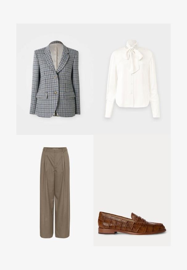 Kvinders skræddersyede blazer med blå, sort og hvidt ternet mønster, to knapper, klapkrave og forlommer.; Hvid langærmet bluse i et let materiale med høj krave og stort Sløjfedetalje ved halsen, der har en knappet front.; Plisserede bukser med bred ben i en lys brun stof, med en struktureret talje og en glat tekstur, designet til komfort og alsidighed.; Brun læderloafer med krokodillemønster, lavt træhæl og en rem tværs over toppen, vist mod en ensfarvet baggrund.