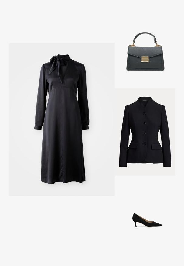 Schwarzer, maßgeschneiderter Damenblazer mit Stehkragen, vier vorderen Knöpfen und Klapptaschen, mit tailliertem Design.; Schwarzes Kleid mit langen Ärmeln aus glattem Stoff, ausgestattet mit einer Schleife am Ausschnitt, einem figurbetonten Oberteil und einem fließenden Rock.; Schwarzer Wildleder-Pumps mit spitzem Zehenbereich, niedrigem quadratischen Absatz und glattem Innenfutter. Einfaches Design ohne sichtbare Muster oder Akzente.; Schwarze, strukturierte Lederhandtasche mit kurzem Griff und rechteckigem goldfarbenem Verschluss an der vorderen Klappe.