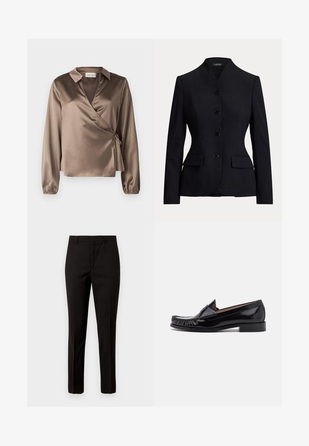 Blazer noir pour femme, cintré, col droit, quatre boutons sur le devant et poches à rabat, avec une taille ajustée.; Blouse en satin marron à manches longues, col et détail de nouage sur le côté. Texture lisse avec une légère brillance, dotée d'un décolleté en V.; Pantalons noirs ajustés avec une coupe droite, fabriqués en tissu lisse, dotés d'une taille plate et de passants de ceinture. Aucun motif ni accent visible.; Mocassin en cuir noir avec une finition brillante, présentant des franges à l'avant et un petit talon empilé.