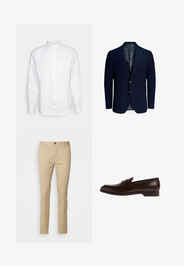Blazer bleu marine pour homme avec deux boutons, revers crantés, deux poches avant, poche poitrine et doublure intérieure rayée, présenté sur fond blanc.; GAP STANDARD OXFORD - Chemise - white; Chinos beige avec une coupe slim, en coton. Comprend une fermeture à bouton, des passants de ceinture et des détails de couture subtils sur les poches.; Mocassin en cuir marron avec un bout arrondi, des détails cousus et une bande discrète en accent. Profil élancé avec une semelle plate en caoutchouc.