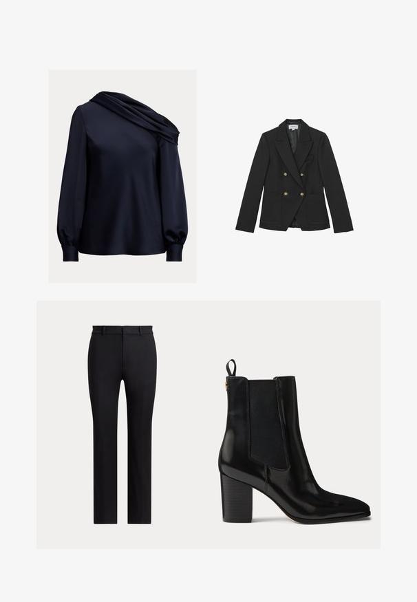 Doppelreihiger schwarzer Blazer aus strukturiertem Stoff, mit goldenen Knöpfen, zwei Vordertaschen und einem Revers mit Kerbdesign.; Navyblaue Bluse mit einem drapierten asymmetrischen Ausschnitt, langen Puffärmel, glattem Satinmaterial und einem taillierten Saum.; Schwarze maßgeschneiderte straight-leg Hose mit Gürtelschlaufen und vorderem Verschluss, vor einem einfarbigen hellen Hintergrund dargestellt.; Schwarzer Leder-Stiefelette mit Blockabsatz, elastischen Seitenteilen, Lasche an der Ferse und spitzer Spitze.