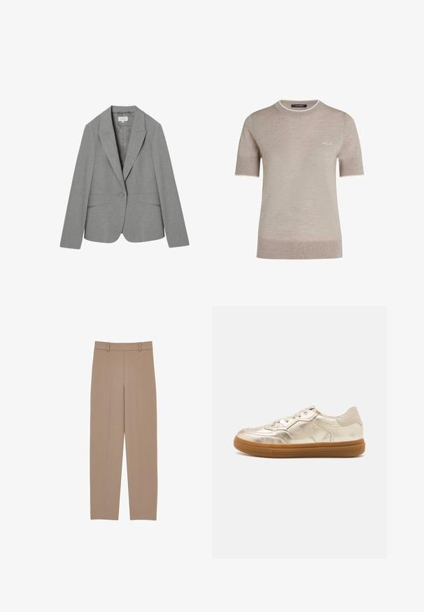 Lysegrå skræddersyet damesblazer med hakkede revers, enkelt knaplukning og to forlommer.; Beige strikket trøje med korte ærmer og rund hals, med diskret hvid kant og lille hvid "Karl" brodering på brystet.; Beige skræddersyede bukser med lige ben, der har en plisseret front, bæltestropper og subtile syninger. Glat, letvægtigt stof.; Metalliske guld sneakers med en glat finish, der har en gummisål, snørebånd i front og subtile perforeringer på tåen.