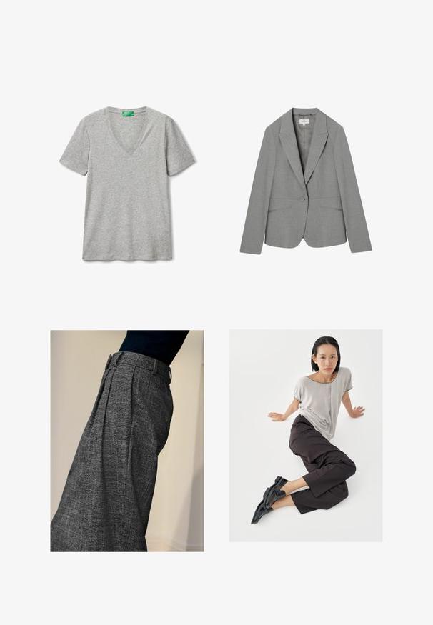Hellgrauer, maßgeschneiderter Damenblazer mit Notch-Revers, Ein-Knopf-Verschluss und zwei vorderen Leistentaschen.; Graues Kurzarm-T-Shirt mit V-Ausschnitt. Aus weichem Baumwollstoff gefertigt. Hat ein einfaches, unaufdringliches Design.; Person, der hoch taillierte graue strukturierten Hosen mit vorderen Falten und einem schwarzen Oberteil trägt, von der Seite vor einem schlichten Hintergrund gezeigt.; Hellgraues Kurzarmshirt, dunkle weite Hosen und schwarze Loafers. Glatter Stoff, entspannte Passform und kontrastierende Einfassung am Hemd.