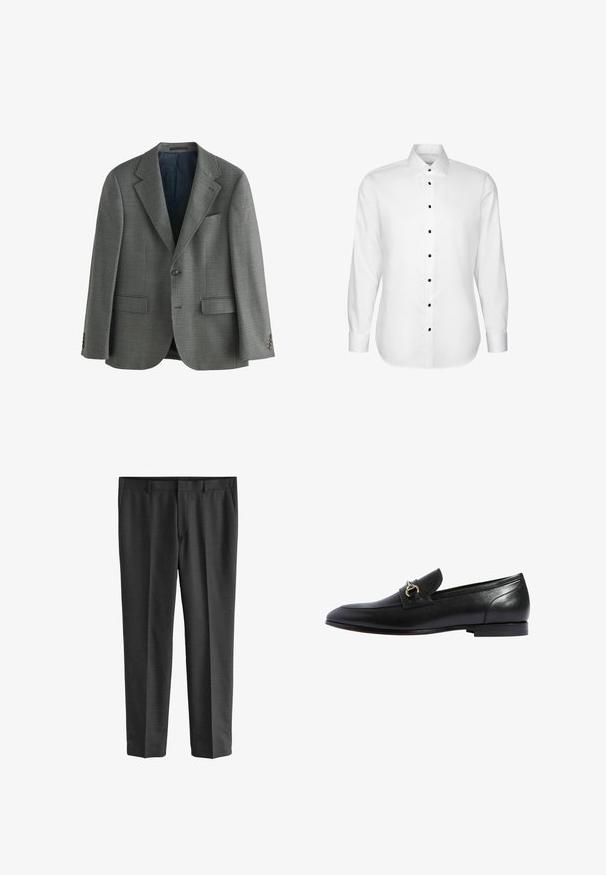 Grau gemusterter Blazer mit Reverskragen, einem einsamen Knopfverschluss, zwei Fronttaschen und strukturierter Stoff mit glattem Innenfutter.; Weißes langärmeliges Hemd mit schwarzen Knöpfen, klassischem Kragen und geknöpften Manschetten, dargestellt auf einfachem Hintergrund.; Grau maßgeschneiderte Hose aus feinem Stoff. Mit geraden Beinen, glatter Textur und subtilen Webmuster. Sichtbare Fronttaschen.; Schwarze Lederloafers mit abgerundetem Zehenbereich, einem goldenen Schnallenakzent und einem niedrigen, gestapelten Absatz. Glatte Oberfläche mit minimalen Nähten.