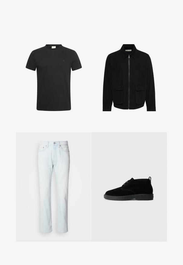 Sort casual jakke med lynlås foran, spids krave og to store klaplommer ved taljen, lange ærmer, ensfarvet design.; Sort t-shirt med korte ærmer og rund halsudskæring med lille diskret "cK" logo på venstre bryst.; Lyseblå denimjeans med lige ben. Har en knaplukning og bæltestropper, viser en falmet tekstur og minimal syning.; Sorte ruskindsankelstøvler med rund tå, snørebåndsdesign, sort gummisål og en sløjfe bag på for nem påtagning.