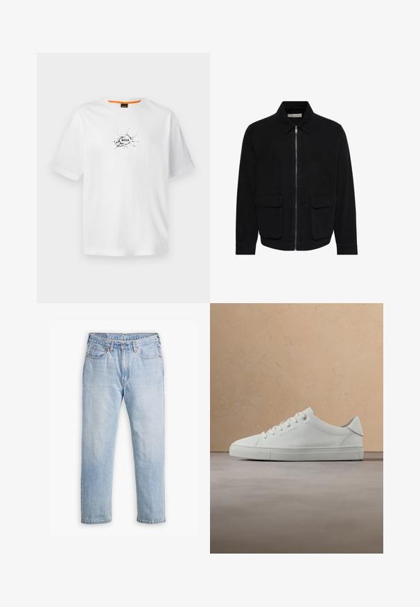 Sort casual jakke med lynlås foran, spids krave og to store klaplommer ved taljen, lange ærmer, ensfarvet design.; Hvid bomulds t-shirt med rund halsudskæring, prydet med et sort revnet design og ordet "BOSS" i midten. Korte ærmer.; Lysblå denimjeans med lige bendesign, fem lomme stil og kontrastsyet. Knap- og lynlåslukning i taljen.; Hvid læderlav-top sneaker med snørebånd, placeret i luften over et struktureret beige tæppe, tæt på et rundt træ sofabord med bøger.