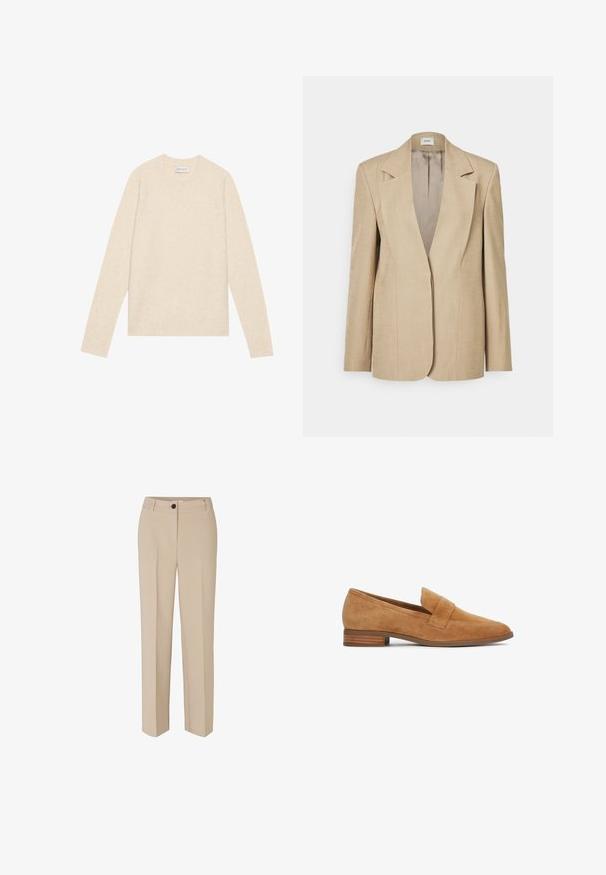 Blazer en lin beige avec des revers oversized, une fermeture à un bouton et des épaules légèrement structurées. Texture lisse avec une coupe ajustée.; Pull en laine beige clair avec un col rond, des manches longues et des bords côtes au niveau des poignets et de l'ourlet. Texture douce, design minimal, pas de motifs ou d'accents visibles.; Modström GALE - Pantalon classique - powder sand; Mocassin en daim marron clair avec un petit talon empilé et une large lanière traversant le cou-de-pied, présenté de profil sur un fond blanc.
