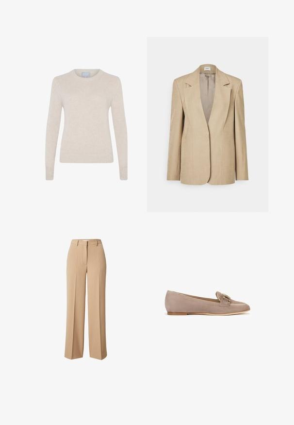 Beige linnen blazer met oversized revers, een enkele knoopsluiting en licht gestructureerde schouders. Gladde textuur met een getailleerde pasvorm.; Style Republic Trui - sand; Beige gestreepte wijde broek met een op maat gemaakte tailleband en riemlussen, met een gladde textuur en een klassieke, rechte pasvorm.; Suède instappers in lichtbeige met een rond punt, kleine hak en een decoratieve metalen gesp aan de voorkant. Glad van textuur.