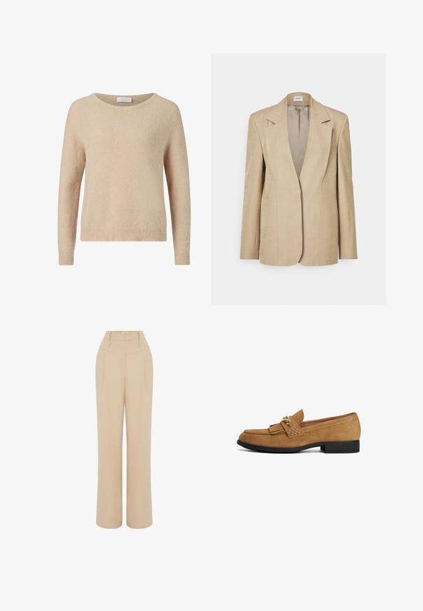 Beige linned blazer med oversized klapslag, en enkelt knaplukning og let strukturerede skuldre. Glat tekstur med skræddersyet pasform.; Beige striktrøje med rund halsudskæring, lange ærmer og ribkant. Blød tekstur og afslappet pasform. Mærke synligt ved halsudskæringen.; Beige vidde bukser med høj talje, der har forklaringer foran og bæltestropper. Glat stof med en skrædderlavet, lige pasform.; Brun ruskindslipper med sort flad sål, med en kvastdetalje og guldbeslag foran; glat tekstur og rundet tådesign.