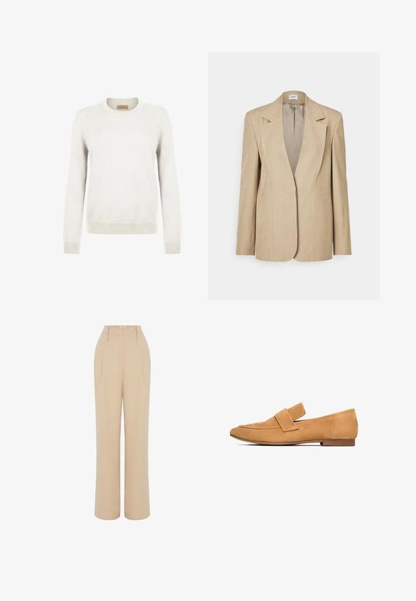 Beige linned blazer med oversized klapslag, en enkelt knaplukning og let strukturerede skuldre. Glat tekstur med skræddersyet pasform.; Lys grå sweater lavet af blødt strikstof, med rund hals og lange ærmer, samt ribbede manchetter og kant for ekstra tekstur.; Beige vidde bukser med høj talje, der har forklaringer foran og bæltestropper. Glat stof med en skrædderlavet, lige pasform.; Lette mokkasiner i tan farve med flad hæl, rund tå og en syet strop over vristen for et raffineret udtryk.