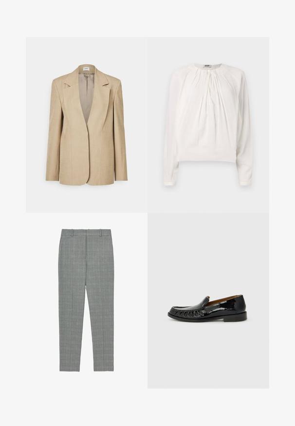 Blazer de lino beige con solapas oversize, cierre de un solo botón y hombros ligeramente estructurados. Textura suave con un ajuste entallado.; Blusa blanca de manga larga con cuello redondo y delantero plisado. Tela suave y lisa con un corte holgado y detalle de botones en el cuello.; Pantalones tapered de cuadros grises con trabillas y una parte delantera plana, diseñados para un ajuste a medida.; Mocasines de charol negro con un diseño de flecos en la parte delantera y puntera redonda. La suela es plana y texturizada para mayor agarre.