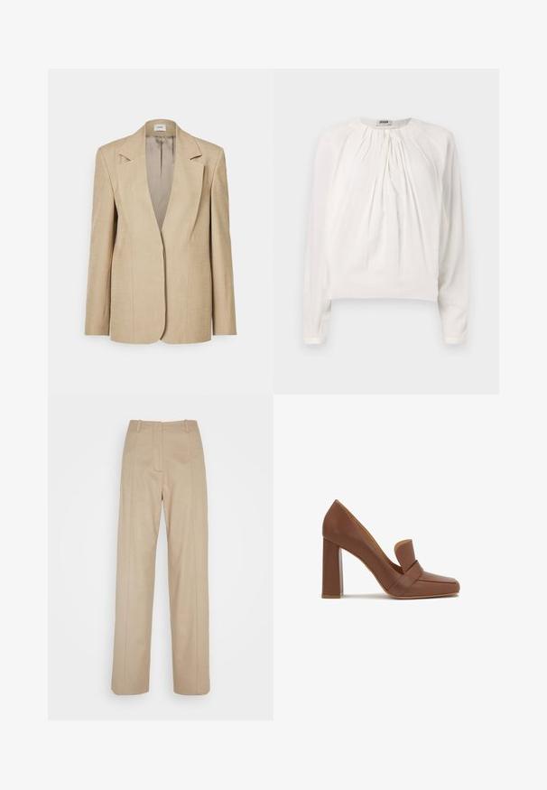 Blazer en lin beige avec des revers oversized, une fermeture à un bouton et des épaules légèrement structurées. Texture lisse avec une coupe ajustée.; Blouse blanche à manches longues avec un col rond et un devant plissé. Tissu doux et lisse avec une coupe décontractée et un détail de bouton au col.; Calvin Klein TAILORED STRAIGHT PANT - Pantalon classique - cinder; Chaussure à talon haut en cuir marron avec un bout carré et une large bride sur le devant. Le talon est en forme de bloc et solide.