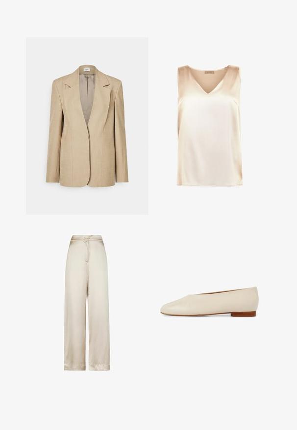 Beige linned blazer med oversized klapslag, en enkelt knaplukning og let strukturerede skuldre. Glat tekstur med skræddersyet pasform.; Beige ærmeløs top lavet af glat stof med v-hals design og lige kant. Minimalistisk stil uden yderligere mønstre eller accenter.; Bukser med høj talje og vide ben i beige med en enkelt knap og skjult lynlåslukning foran.; Beige læder flad sko med spids tå design, minimalistsk form og en kort træhæl for stabilitet og komfort.