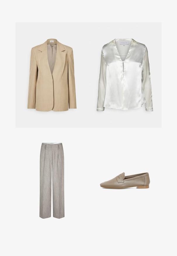 Blazer de lino beige con solapas oversize, cierre de un solo botón y hombros ligeramente estructurados. Textura suave con un ajuste entallado.; STUDIO ID ALYSSA - Blusa - champagne; Second Female JUN - Pantalones - trench coat; Mocasines de cuero beige con una superficie texturizada, que presentan un tacón plano y una punta redondeada. Incluyen un pliegue decorativo en el empeine.