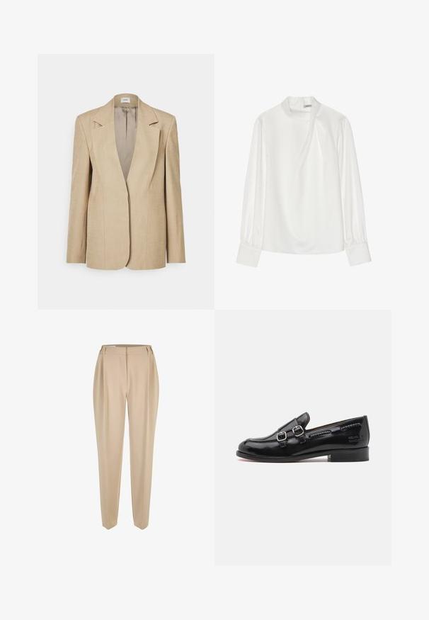 Beige linnen blazer met oversized revers, een enkele knoopsluiting en licht gestructureerde schouders. Gladde textuur met een getailleerde pasvorm.; Witte blouse met een hoge halslijn, lange pofmouwen en een ritssluiting aan de achterkant. Glad stof met een lichte glans en subtiele val.; Beige op maat gemaakte rechte broek met riemlussen, voorrits en zijzakken, gepresenteerd op een witte achtergrond.; Zwarte lakleren instapper met dubbele zilveren gespaccenten, licht afgeronde neus en een lage gestapelde hak. Geweven stiksel details langs de bovenkant.