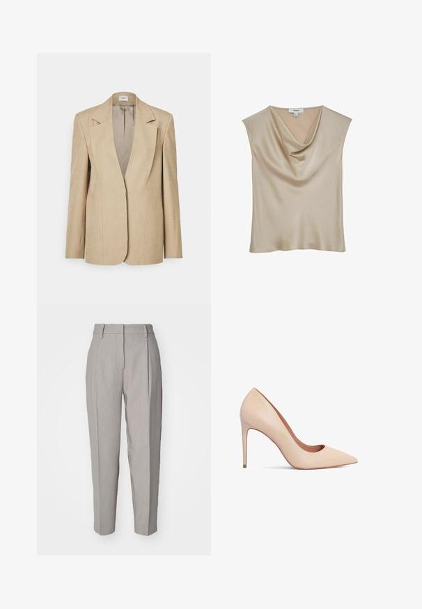 Beige linned blazer med oversized klapslag, en enkelt knaplukning og let strukturerede skuldre. Glat tekstur med skræddersyet pasform.; Beige satinærmløs bluse med kaskadeudskæring, mærket "REISS", vist mod en hvid baggrund.; Lys grå skræddersyede bukser med en glat tekstur, plisseret front og lige ben-design. Har bæltestropper og en poleret finish.; Beige læder højhælede pumps med spids tå og en glat tekstur. Har en slank stilettohæl og et lavt skårede design.