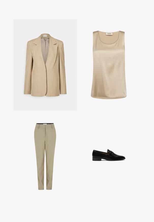 Beige linned blazer med oversized klapslag, en enkelt knaplukning og let strukturerede skuldre. Glat tekstur med skræddersyet pasform.; Ærmeløs beige satin top med rund halsudskæring og Mos Mosh mærkat inde i kraven.; Beige skræddersyede bukser med lige ben, flad front, to forlommer og bælteløkker. Fremstillet af glat, letvægtsstof.; Sorte læder loafers med flad hæl, der har en rektangulær rem over vampen og en glat, poleret overflade.