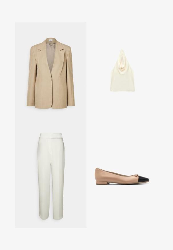 Blazer de lino beige con solapas oversize, cierre de un solo botón y hombros ligeramente estructurados. Textura suave con un ajuste entallado.; Top halter de satén color crema con escote drapeado y diseño sin mangas.; Halston KARTER WEDDING PANT - Pantalones - chalk; Bailarina de cuero beige con puntera negra y pequeño lazo en la parte delantera, con un tacón bajo para mayor comodidad.