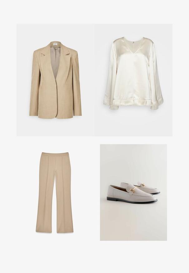 Blazer de lino beige con solapas oversize, cierre de un solo botón y hombros ligeramente estructurados. Textura suave con un ajuste entallado.; By Malene Birger EXCLUSIVE AVELAS - Blusa - pearl; Pantalones beige ajustados con diseño de pierna acampanada, hechos de una tela suave que presenta detalles de pliegues en la parte delantera, con cinturilla elástica para mayor comodidad.; Mocasines de cuero gris claro con un diseño elegante, que cuentan con detalles en tono dorado y una suela negra. Textura suave y forma de punta afilada.
