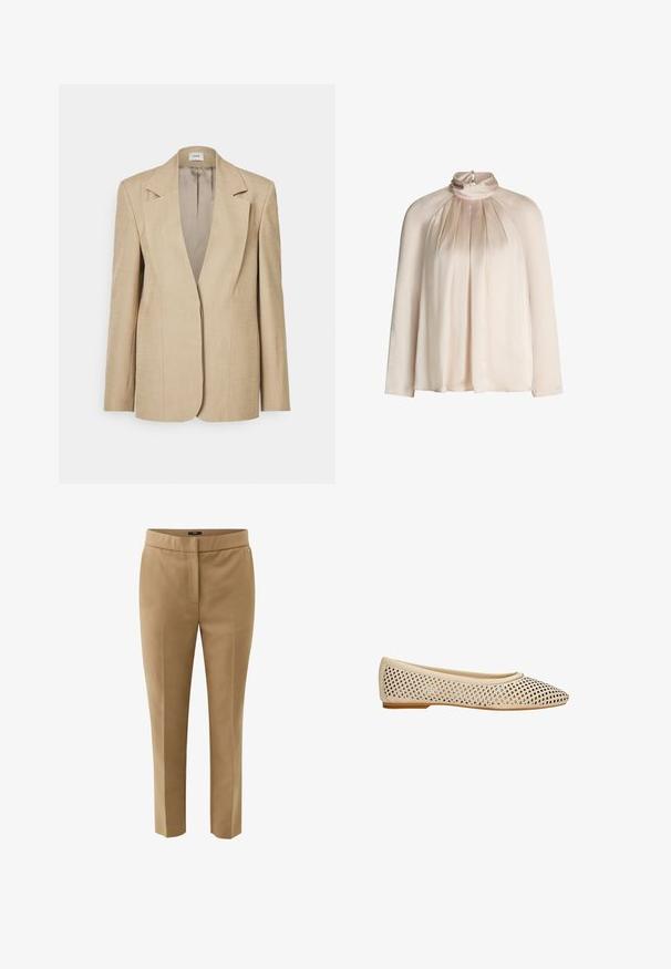 Beige linnen blazer met oversized revers, een enkele knoopsluiting en licht gestructureerde schouders. Gladde textuur met een getailleerde pasvorm.; Beige satijnen blouse met hoge nek en lange mouwen, met een geplooide voorkant en een kleine sleutelgatknopen sluiting aan de achterkant van de hals.; Beige slim-fit pantalon op maat met tailleband en voorplooi, ontworpen voor formele of zakelijke kleding.; Beige geperforeerde ballerina's met een spitse neus en een platte zool. Heeft een ingewikkeld uitgesneden ontwerp en een gladde afwerking. Geschikt voor casual gebruik.