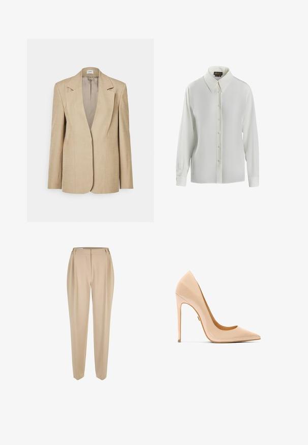 Beige linnen blazer met oversized revers, een enkele knoopsluiting en licht gestructureerde schouders. Gladde textuur met een getailleerde pasvorm.; Luisa Spagnoli LIMONAIA - Overhemdblouse - panna; Beige op maat gemaakte rechte broek met riemlussen, voorrits en zijzakken, gepresenteerd op een witte achtergrond.; Naaktkleurige pumps van lakleer met hoge hak, puntige neus, slank silhouet en een stilettohak, met een gladde, glanzende textuur.