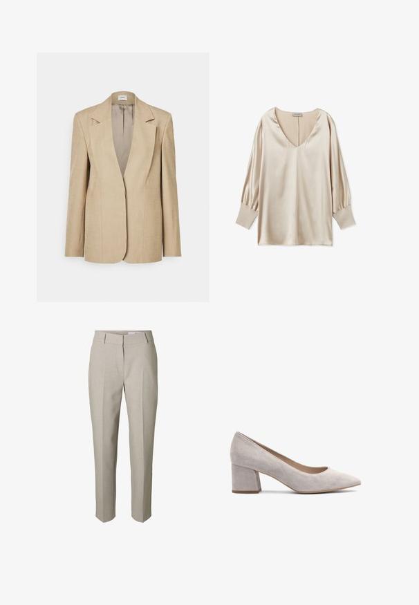 Beige linned blazer med oversized klapslag, en enkelt knaplukning og let strukturerede skuldre. Glat tekstur med skræddersyet pasform.; Beige satinbluse med dyb V-udskæring, lange puffærmer og tætsiddende manchetter. Glat tekstur og minimalistisk design.; Beige skræddersyede bukser med bæltestropper, lynlås foran og pressede læg ned langs benene, vist mod en hvid baggrund.; Grå ruskind blokkens højhælede pumpe med spids tå, glat tekstur og lav åbningskant for nem påføring. Solid hæl giver stabilitet.
