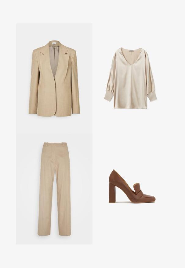 Beige linned blazer med oversized klapslag, en enkelt knaplukning og let strukturerede skuldre. Glat tekstur med skræddersyet pasform.; Beige satinbluse med dyb V-udskæring, lange puffærmer og tætsiddende manchetter. Glat tekstur og minimalistisk design.; Calvin Klein TAILORED STRAIGHT PANT - Bukser - cinder; Brun læder højhælet sko med firkantet tå og en bred rem på tværs foran. Hælen er blokformet og solid.