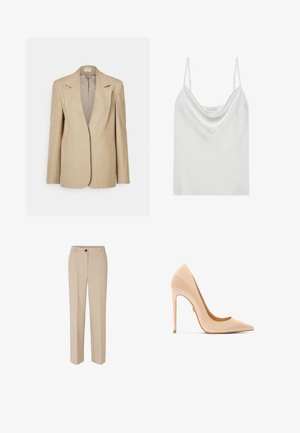 Beige Leinenblazer mit übergroßen Revers, einem einzelnen Knopfverschluss und leicht strukturierten Schultern. Glatte Textur mit maßgeschneiderter Passform.; Weiße Satin-Camisole mit drapiertem Ausschnitt, dünnen verstellbaren Trägern und geradem Saum. Das Etikett "ANNA FIELD" ist sichtbar innen.; Modström GALE - Stoffhose - powder sand; Nackter Pumps aus Lackleder mit spitzer Zehenpartie, schlanker Silhouette und Stöckelabsatz, ausgestattet mit einer glatten, glänzenden Oberfläche.
