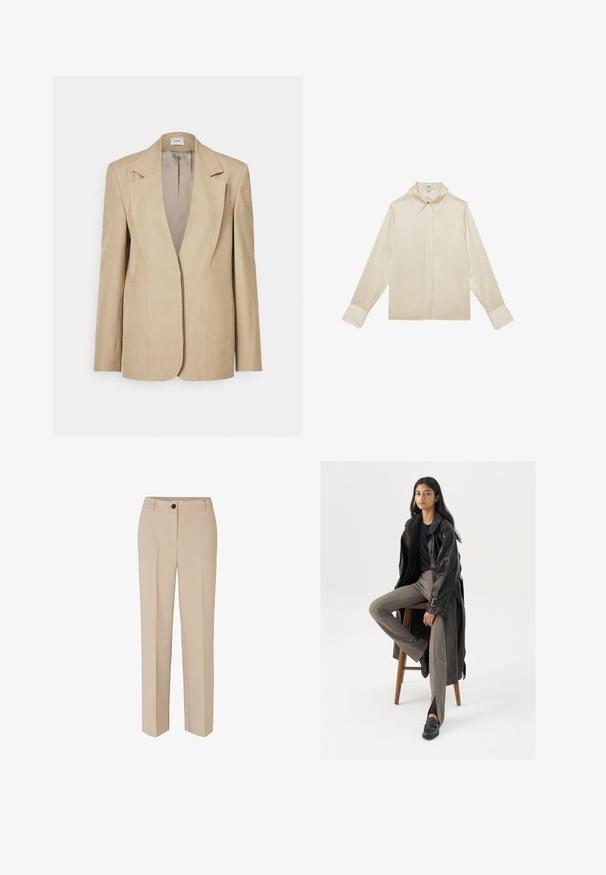 Beige linned blazer med oversized klapslag, en enkelt knaplukning og let strukturerede skuldre. Glat tekstur med skræddersyet pasform.; Langærmet cremet silke bluse med spidst krave og skjulte knapper foran, lagt fladt på en hvid baggrund.; Modström GALE - Bukser - powder sand; Sort læder trench coat med knapper og bælte detalje, parret med lysebrune tætsiddende bukser og sorte loafers, siddende på en træstol.