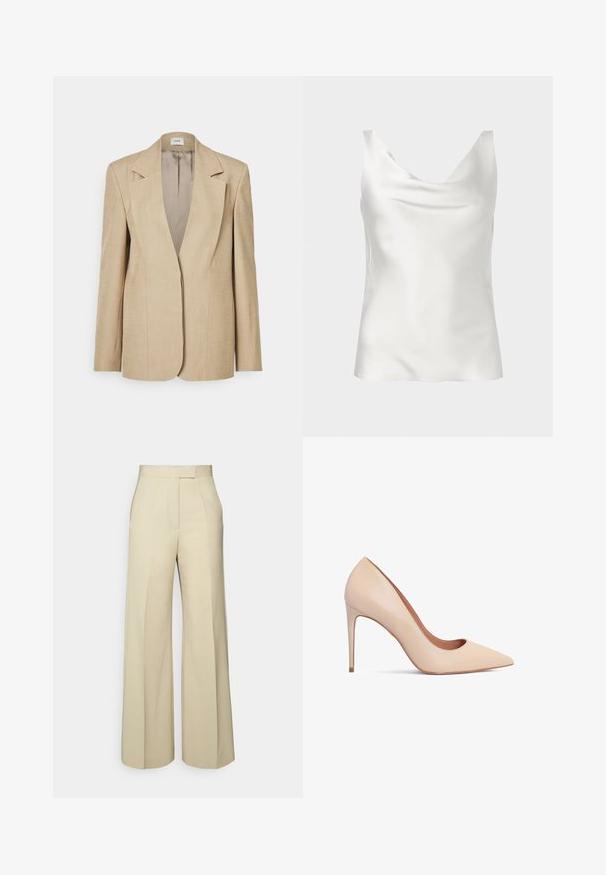 Beige linned blazer med oversized klapslag, en enkelt knaplukning og let strukturerede skuldre. Glat tekstur med skræddersyet pasform.; Hvid satin ærmeløs camisole top med draperet halsudskæring og en glat, skinnende tekstur.; Bredde bukser i et lys beige stof, med flad front, lige talje og uden synlige lommer eller dekorationer.; Beige læder højhælede pumps med spids tå og en glat tekstur. Har en slank stilettohæl og et lavt skårede design.