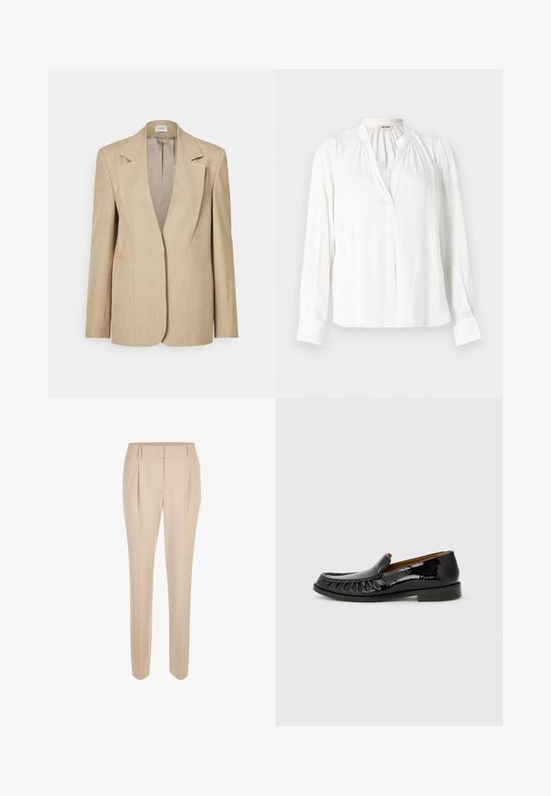 Beige linnen blazer met oversized revers, een enkele knoopsluiting en licht gestructureerde schouders. Gladde textuur met een getailleerde pasvorm.; Witte blouse met lange mouwen, een opstaande kraag, geplooide plooien bij de halslijn en een verborgen knoopsluiting aan de voorkant.; Beige op maat gemaakte slim-fit broeken met een voorplooi, riemlussen en een schone tailleband, tentoongesteld tegen een witte achtergrond.; Zwarte gepatineerde leren loafers met een franjes ontwerp aan de voorkant en een ronde neus. De zool is plat en voorzien van textuur voor grip.