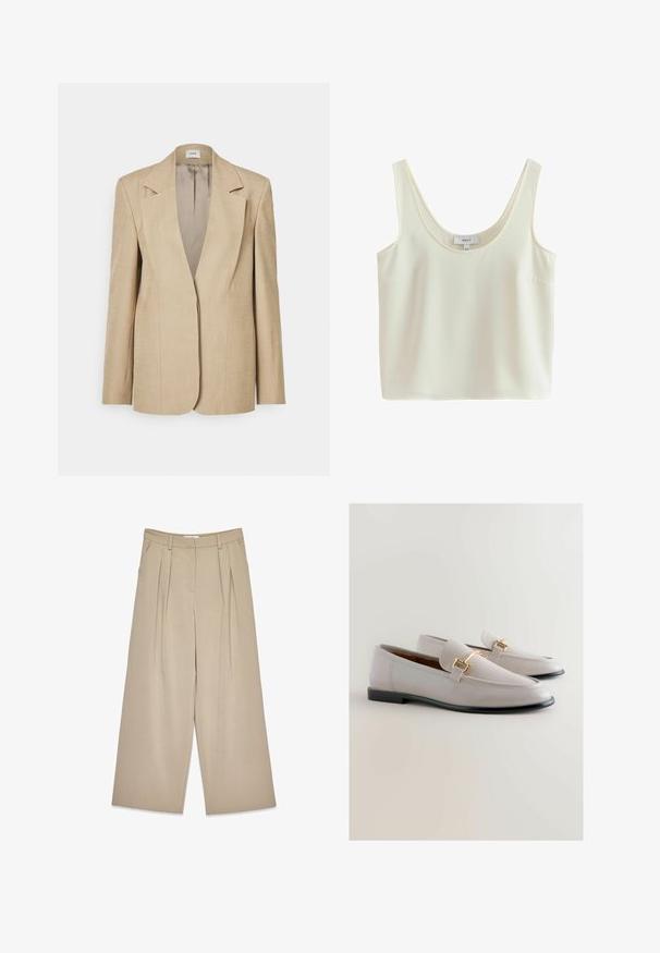 Beige linned blazer med oversized klapslag, en enkelt knaplukning og let strukturerede skuldre. Glat tekstur med skræddersyet pasform.; Ærmeløs, cremefarvet cropped tanktop med brede stropper og scoop-halsudskæring, lavet af glat stof.; Beige viddebukser med frontfolder, sidelommer, bælteløkker og en skjult lukning foran.; Lys grå læder loafers med spids tå, der har en guldtonet metalaccent og en lav sort hæl. Glat tekstur, minimalistisk design.