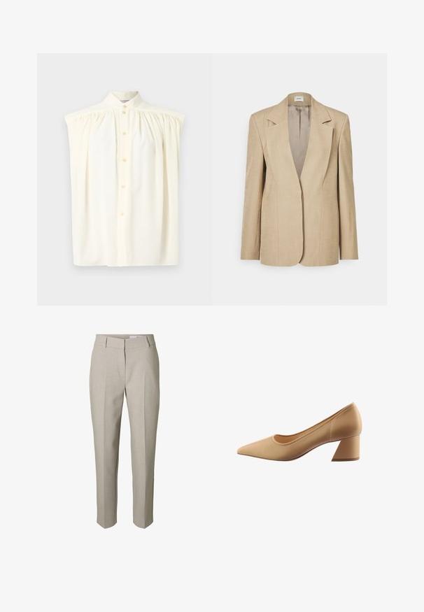 Beige linnen blazer met oversized revers, een enkele knoopsluiting en licht gestructureerde schouders. Gladde textuur met een getailleerde pasvorm.; Crèmekleurige mouwloze blouse met een hoge hals, knoopsluiting en geplooide details op de schouders. Soepele stoftextuur.; Beige op maat gemaakte broek met riemlussen, een voorrits en geperste plooien over de benen, getoond tegen een witte achtergrond.; Beige leren damesschoen met spits toelopende neus en lage blokhak, gladde afwerking, zijaanzicht op witte achtergrond.