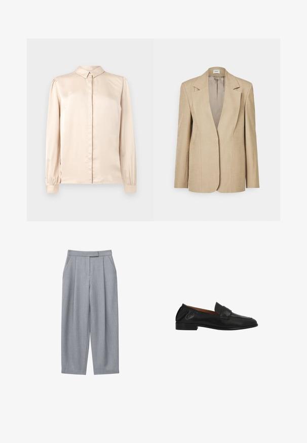 Blazer de lino beige con solapas oversize, cierre de un solo botón y hombros ligeramente estructurados. Textura suave con un ajuste entallado.; Camisa de satén beige de manga larga con cuello abotonado, pliegue frontal y mangas abullonadas recogidas en los puños. Textura suave y brillante.; Pantalones grises con un diseño entallado, que incluyen pliegues, bolsillos laterales y corte recto en las piernas. Textura suave y cintura de tiro medio.; Mocasín negro de piel tipo slip-on con tacón bajo, punta redondeada y detalle de tira cosida en la parte superior.
