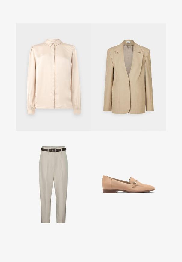 Blazer de lino beige con solapas oversize, cierre de un solo botón y hombros ligeramente estructurados. Textura suave con un ajuste entallado.; Camisa de satén beige de manga larga con cuello abotonado, pliegue frontal y mangas abullonadas recogidas en los puños. Textura suave y brillante.; Pantalones beige de corte entallado, con un cinturón marrón, pliegues frontales y bolsillos laterales. Tejido suave con un acabado limpio.; Mocasines de piel beige con un tacón bajo, que presentan un diseño cosido y un pequeño detalle de metal plateado en la parte superior. Textura suave.