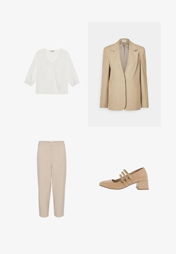 Beige linnen blazer met oversized revers, een enkele knoopsluiting en licht gestructureerde schouders. Gladde textuur met een getailleerde pasvorm.; Witte blouse met lange mouwen, een diepe V-hals, zacht satijnachtig materiaal en gathered manchetten voor een relaxed fit.; Beige cropped broeken met een gladde textuur, voorplooien, twee zijzakken en een tailleband. Ontwerp met rechte pijpen en een op maat gemaakte afwerking.; Beige lakleren schoen met blokhak, een afgeronde neus en drie verstelbare gespen over de wreef. Gladde textuur, minimale details.