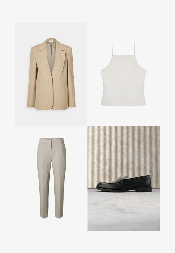 Beige linned blazer med oversized klapslag, en enkelt knaplukning og let strukturerede skuldre. Glat tekstur med skræddersyet pasform.; Hvid ærmeløs crop top med tynde stropper og diskret "cK"-logo broderet på brystet, ensfarvet baggrund.; Beige skræddersyede bukser med bæltestropper, lynlås foran og pressede læg ned langs benene, vist mod en hvid baggrund.; Sorte læder loafers med en hævet søm, guld accentlogo og tekstureret rem. Har en tykk, holdbar gummisål.
