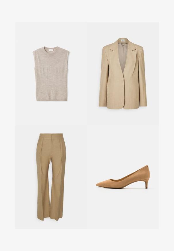 Beige linned blazer med oversized klapslag, en enkelt knaplukning og let strukturerede skuldre. Glat tekstur med skræddersyet pasform.; Lys beige ærmeløs top lavet af blødt materiale, med rund hals, rene linjer og en let løs pasform. Minimalistisk design.; Beige bredde bukser lavet af tekstureret stof, med frontplisser og høj talje. Ingen synlige lommer eller udsmykninger.; Spidse højhælede sko i tan ruskind, med en lav hæl og glat tekstur. Klassisk silhuet med en let detalje på bagkappen.