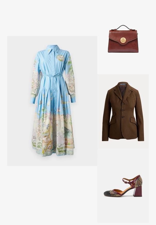 Blazer marron à motif pied-de-poule, avec revers crantés, trois boutons sur le devant, deux poches à rabat et une poche poitrine, de Polo Ralph Lauren.; Robe bleu clair avec de longues manches imprimées présentant des illustrations colorées ; col, taille cintrée et jupe plissée.; Chaussure à talon avec un bout en cuir verni noir, une bride bordeaux et une tige en textile à motif serpent ; dotée d'un grand talon block.; Sac à main en cuir marron avec poignée supérieure et fermoir à tournevis rond doré sur le rabat avant, sur fond blanc.