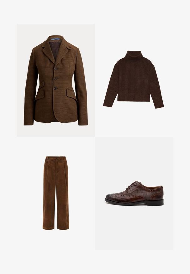 Bruine pied-de-poule blazer met inkeping revers, drie knopen aan de voorkant, twee klepzakken en een borstzak, van Polo Ralph Lauren.; Bruine geribbelde coltrui met lange mouwen en een cropped silhouet, met een dikke, gestructureerde brei ontwerp.; Bruine corduroy wijdgerande broek met een gestructureerd oppervlak, geplisseerde voorkant en een ritssluiting. Voorzien van een klein merklabel op de tailleband.; Bruine leren herenschoen met vleugelstuk, brogue-details en geruite stoffen zijpanelen, zijaanzicht op een witte achtergrond.