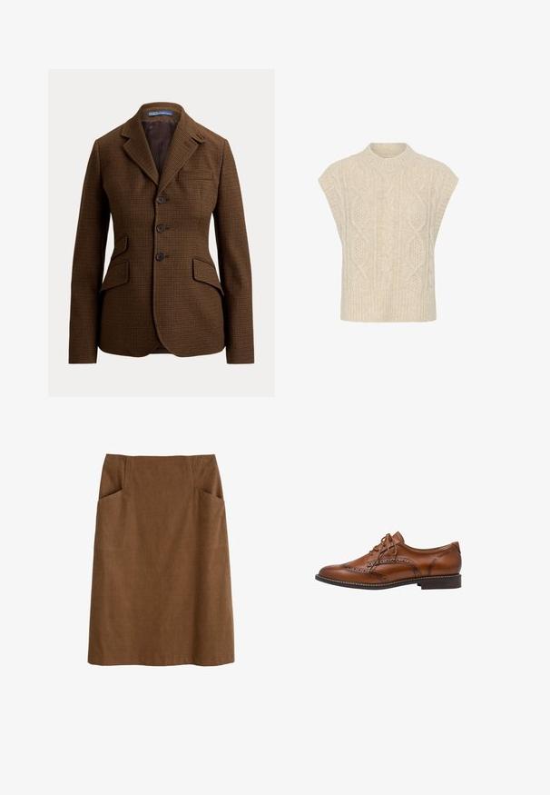 Bruine pied-de-poule blazer met inkeping revers, drie knopen aan de voorkant, twee klepzakken en een borstzak, van Polo Ralph Lauren.; Roomkleurige mouwloze gebreide sweater-vest met kabel- en gestructureerde patronen en een geribde nepkraag.; Bruine katoen rok met een aansluitende taille, twee zijzakken en een rechte snit. De stof heeft een zachte textuur en een subtiele glans.; Bruine leren brogue oxford schoen met wingtip-details, perforaties, veters en lage gestapelde hak op een witte achtergrond.