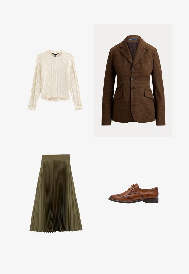 Blazer marron à motif pied-de-poule, avec revers crantés, trois boutons sur le devant, deux poches à rabat et une poche poitrine, de Polo Ralph Lauren.; Pull léger en crème avec des motifs en maille torsadée, col rond et manches longues. Présente un ourlet court et un tissu texturé pour plus de chaleur.; Jupe midi plissée vert olive avec une large ceinture lisse et des plis étroits régulièrement espacés.; Chaussure Oxford brogue en cuir marron avec détails à bout ailé, perforations, lacets et talon bas empilé sur fond blanc.