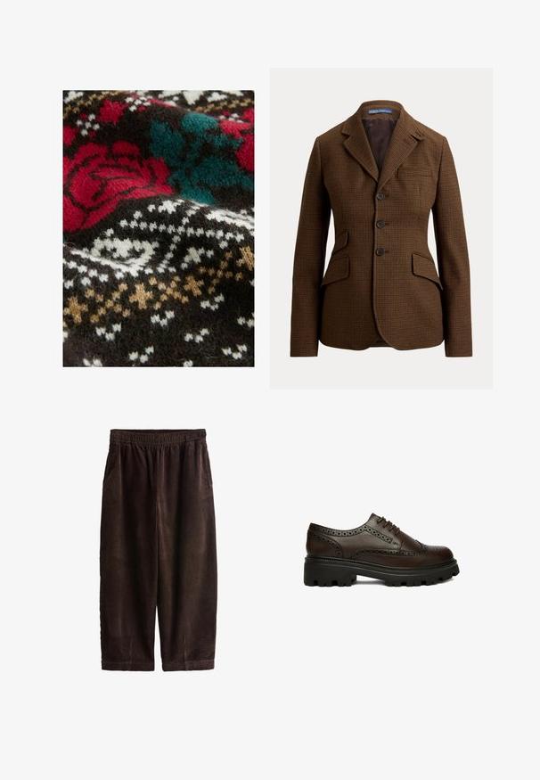 Blazer marron à motif pied-de-poule, avec revers crantés, trois boutons sur le devant, deux poches à rabat et une poche poitrine, de Polo Ralph Lauren.; Textile tricoté avec une base marron foncé, ornée de motifs floraux et géométriques rouges, teal et blancs. Texture douce et duveteuse visible à travers l'ensemble.; Pantalon en velours côtelé marron foncé avec une taille élastique et une coupe ample, présenté sur fond blanc.; Chaussure brogue en cuir marron foncé avec détails perforés et semelle épaisse en caoutchouc noire, vue de côté sur fond blanc.